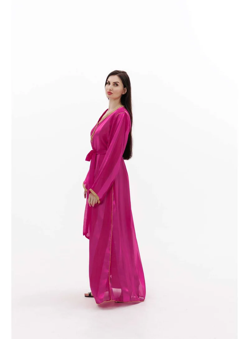HANA & SARA LONG CLASSY SIMPLE FUCHSIA PINK COLOUR FRONT LACE BUTTON LINING ARABIC KAFTAN JALABIYA DRESS
