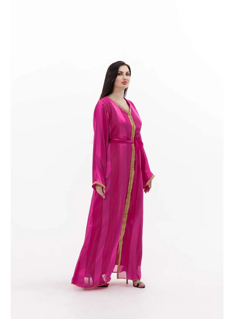 HANA & SARA LONG CLASSY SIMPLE FUCHSIA PINK COLOUR FRONT LACE BUTTON LINING ARABIC KAFTAN JALABIYA DRESS