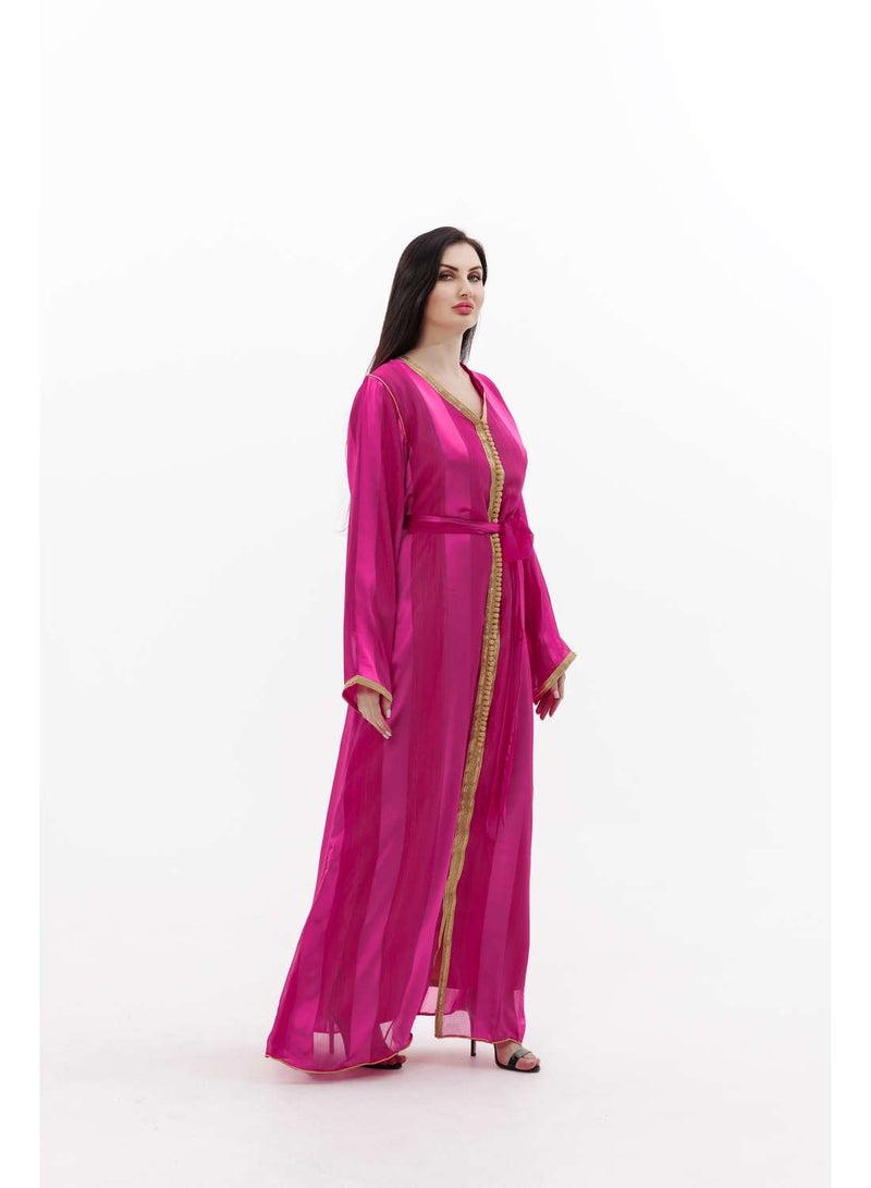 HANA & SARA LONG CLASSY SIMPLE FUCHSIA PINK COLOUR FRONT LACE BUTTON LINING ARABIC KAFTAN JALABIYA DRESS  - Image 4