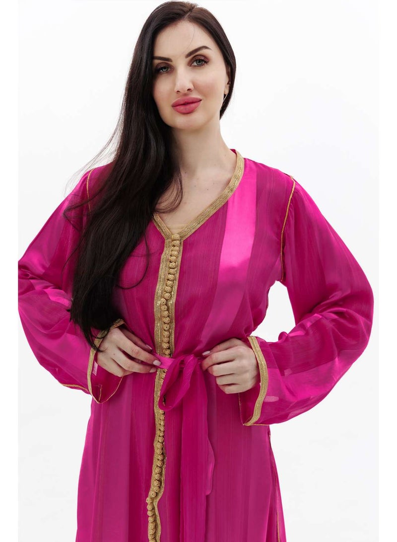 HANA & SARA LONG CLASSY SIMPLE FUCHSIA PINK COLOUR FRONT LACE BUTTON LINING ARABIC KAFTAN JALABIYA DRESS  - Image 3