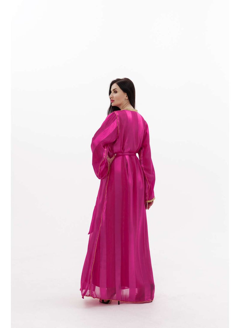HANA & SARA LONG CLASSY SIMPLE FUCHSIA PINK COLOUR FRONT LACE BUTTON LINING ARABIC KAFTAN JALABIYA DRESS  - Image 2