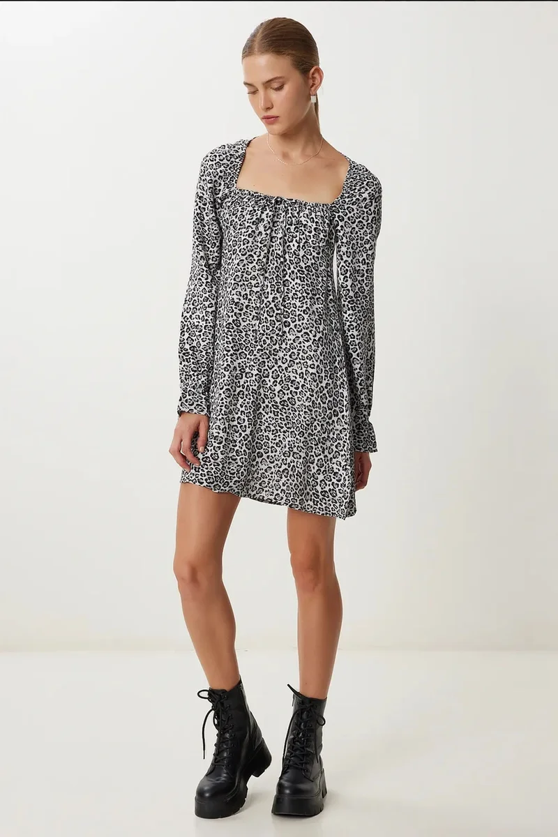هابينس اسطنبول ISTANBUL Leopard Print A-Line Mini Dress with Tie Detail