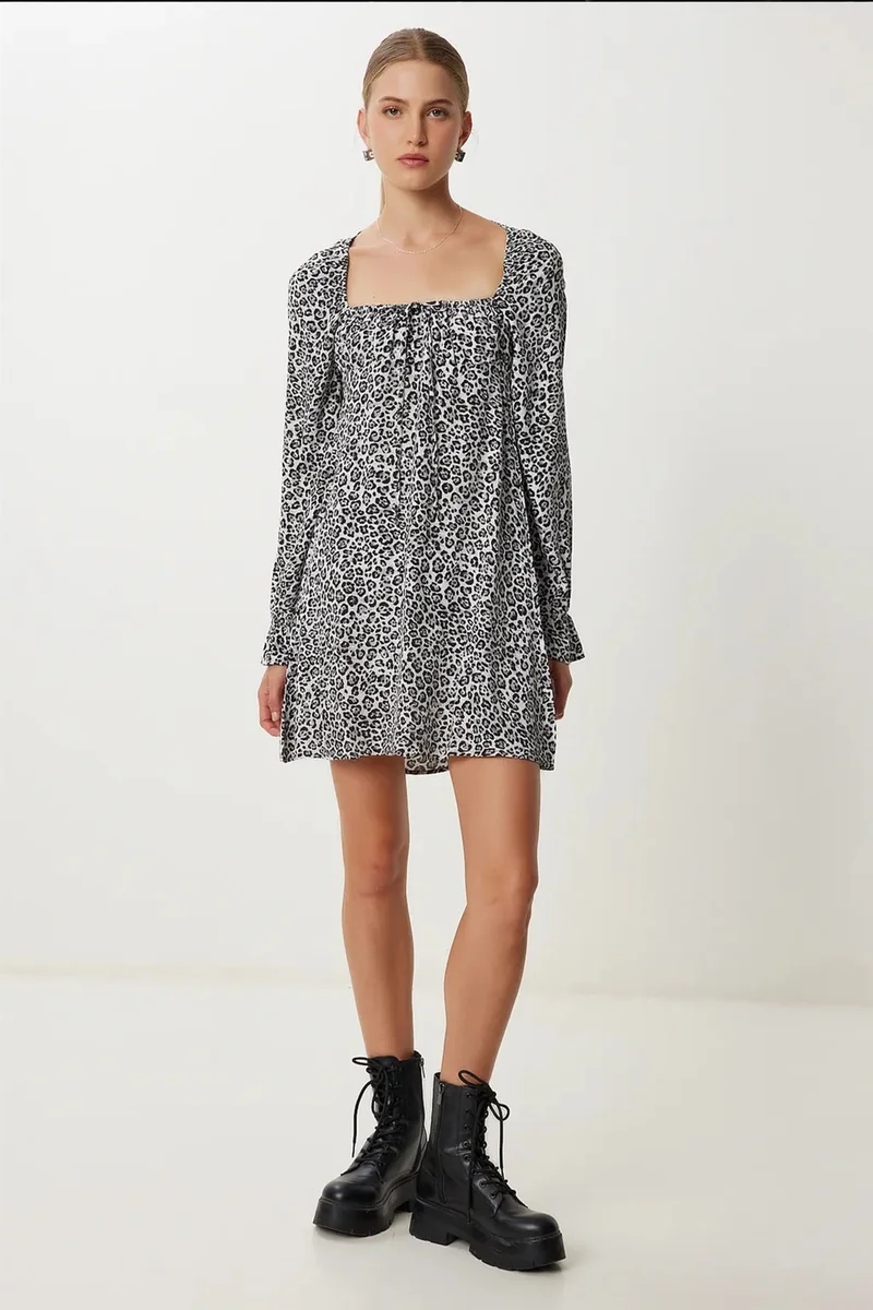 هابينس اسطنبول ISTANBUL Leopard Print A-Line Mini Dress with Tie Detail