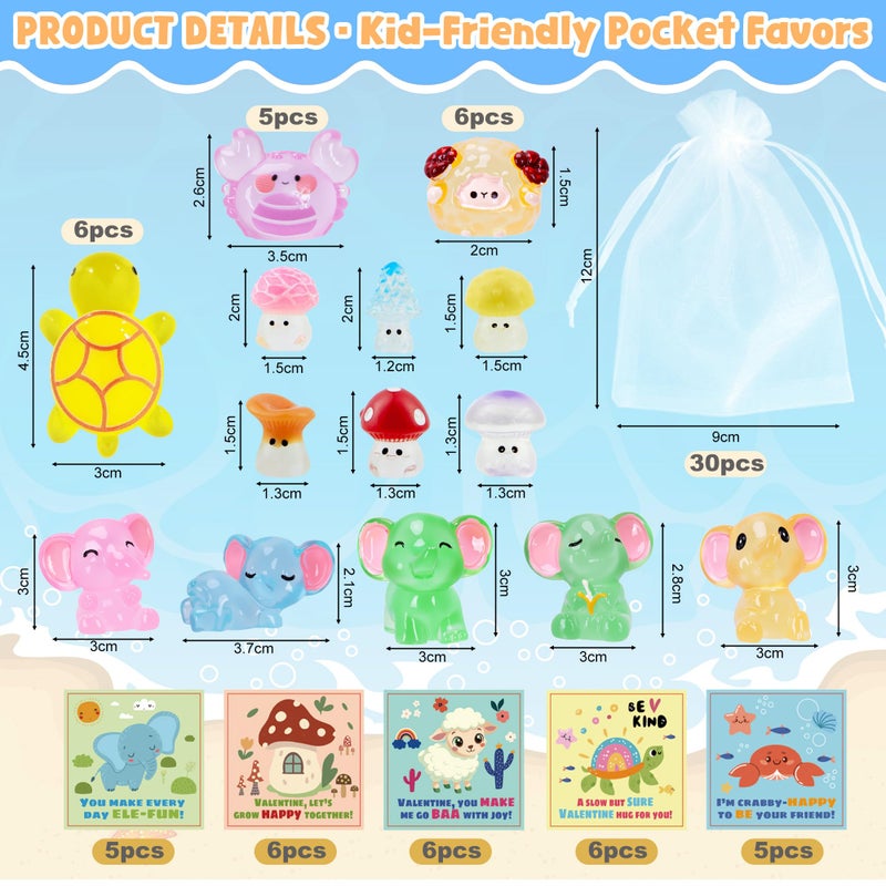 Kiddelo 28 Pack Valentines Day Gifts for Kids School Classroom Exchange, Mini Resin Animals with Cards and Organza Bags, Non Candy Valentines Party Favors and Appreciation Gifts - Image 2