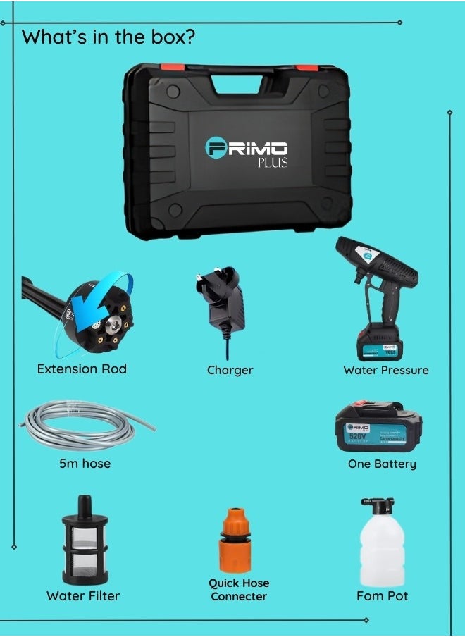 PRIMO PLUS - Cordless Electric High Pressure Washer, 520VF Lithium Battery Car Washer Pressure Pump, Strong Water Pressure, Long Battery Life, 4 in 1 Nozzle, Soap Bottle, Long Water Pipe, Multiple Uses - Image 1
