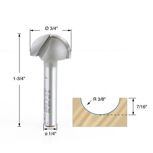 Amana Tool 45918 Core Box 3/4-Inch Diameter x 7/16-Inch Cutting Height x 3/8 Radius x 1/4-Inch Shank 2-Flute Carbide Tipped Router Bit - Image 2