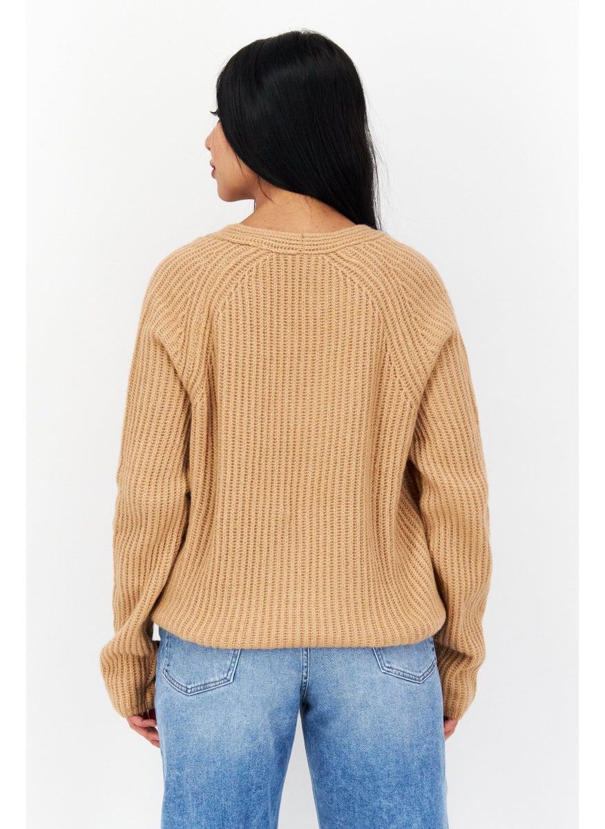 Tchibo - Women V-Neck Knitted Sweater, Brown - Image 1