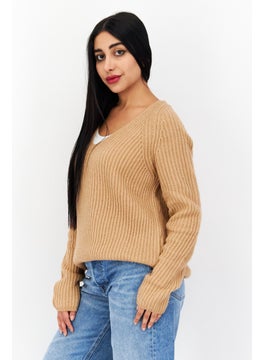 Tchibo Women V-Neck Knitted Sweater, Brown  - Image 3