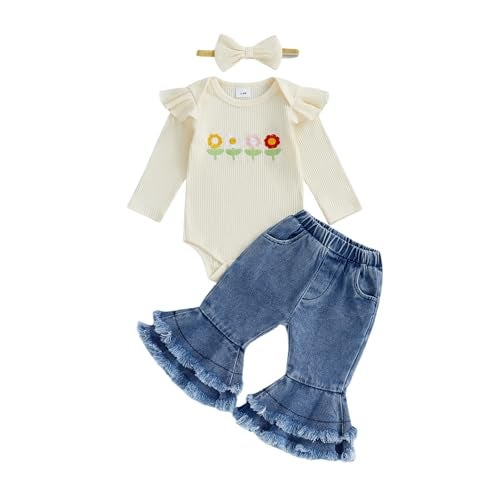 fhutpw Newborn Baby Girl Outfits Rib Knit Romper Jeans Flare Pants Headband Infant Fall Winter Clothes 0 3 6 9 12 18 Months (A Apricot, 6-9 Months) - Image 1