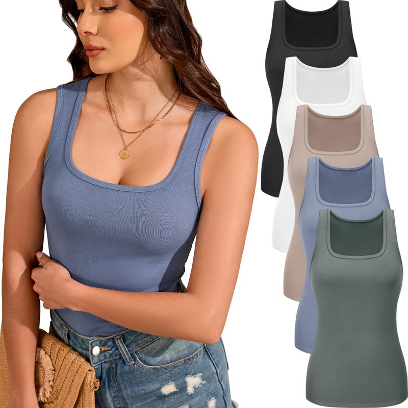 TVKSOM 5 Pack Basic Tank Tops for Women Square Neck Undershirt Ribbed Sleeveless Casual Layering Basic Tanks Top - Image 1