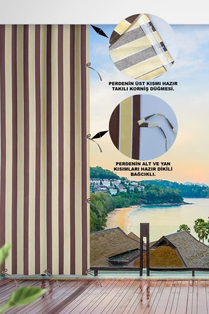 Altın Pamuk Golden Cotton Enxboy Optional Laced Balcony Curtain Canvas Brown Cream