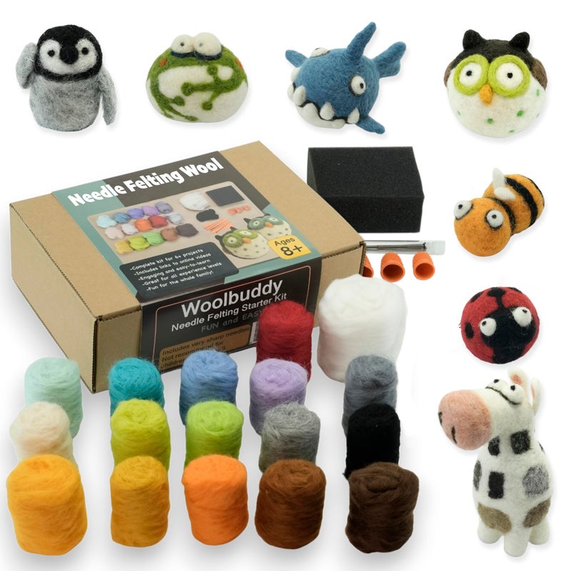 Woolbuddy Needle Felting Wool Kit â€“ Starter Set to Make 6 Cute Animals â€“ Includes Wool, Pad, Needles & Instructions for Beginners and Adults - Image 1