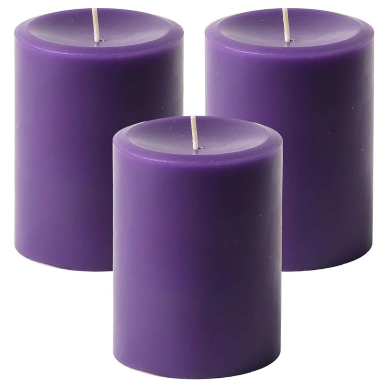 Mister Candle Dripless Unscented Pillar Candles Set of 3 Hand Poured Solid Color NonScented Candles for Home Decor Premium Wax 60 Hr Burn Time 3x4 Inch Purple