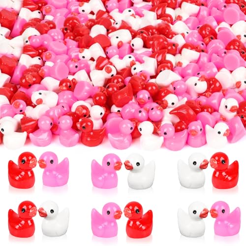 DERAYEE 150PCS Valentines Mini Resin Ducks Bulk Tiny Resin Ducks Figurines Red Pink White Mini Duck Miniature for Valentines Day Party Favors Dollhouse Garden Decorations DIY Craft - Image 1