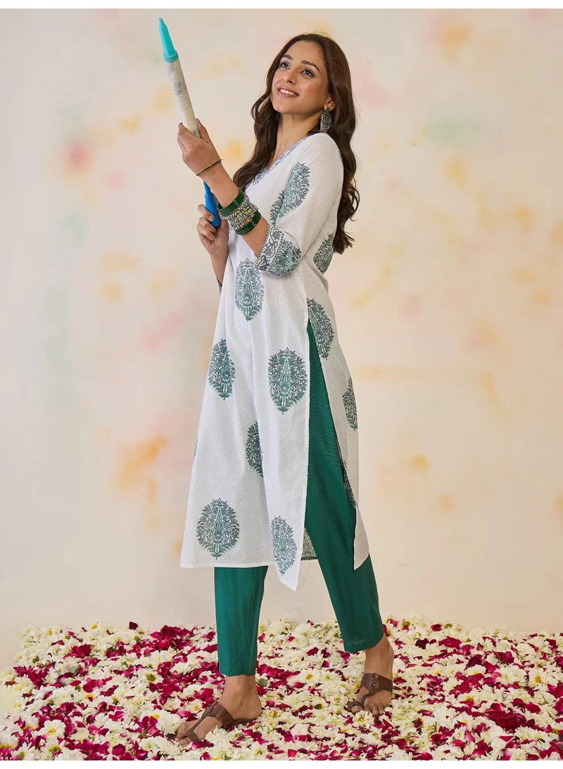 Ameya  White-printed-straight-kurtas for Women | Best Price UAE