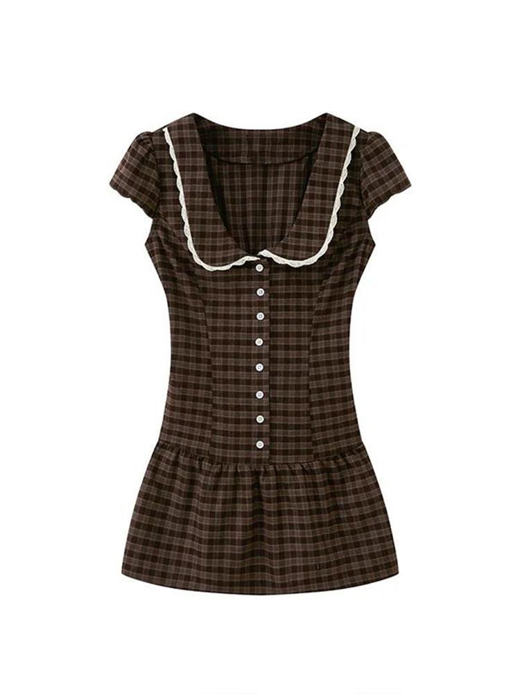 CME Vintage Plaid Doll Collar Dress with Lace Trim, Fitted Waist, Puff Sleeves, Sweet A-Line Mini Dress - Image 1
