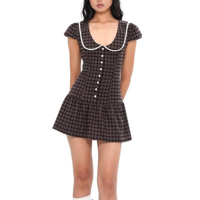 CME Vintage Plaid Doll Collar Dress with Lace Trim, Fitted Waist, Puff Sleeves, Sweet A-Line Mini Dress - Image 2