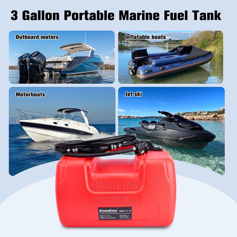 AloneGoer 3 Gallon Portable Boat Fuel Gas Tank - EPA Compliant Marine Outboard Tank with Connector - Image 2