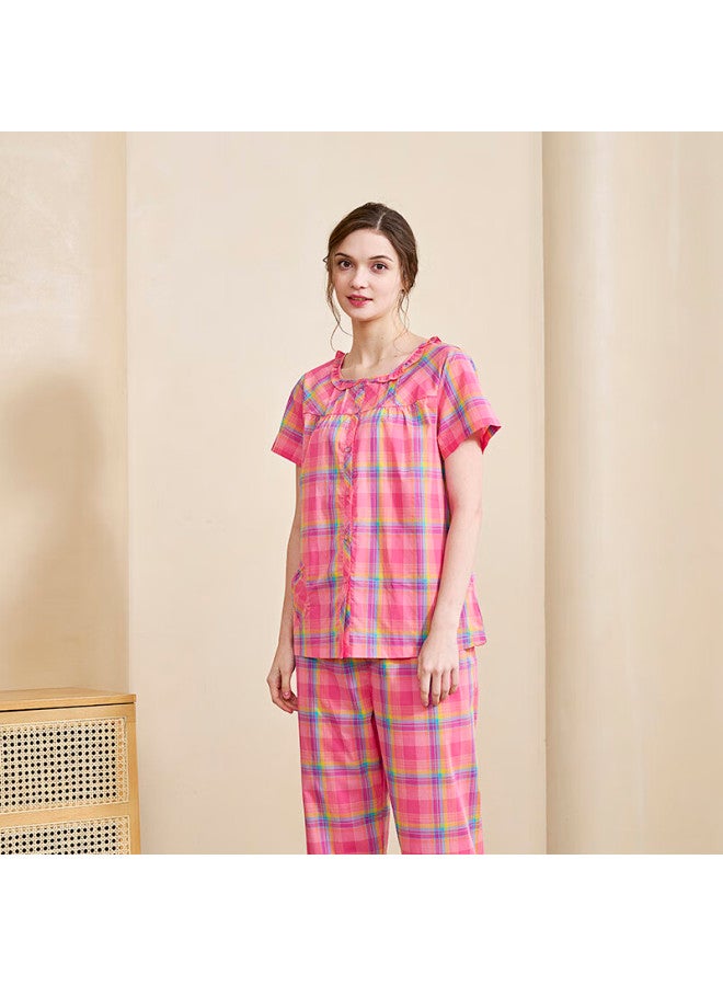 Meibiao Spring And Summer Pure Cotton Pajamas For Women, Wearable Outside, Short-sleeve Top With Cropped Pants, 100% Cotton Loungewear, Gift For Girlfriend, Rose Red, M - Image 2