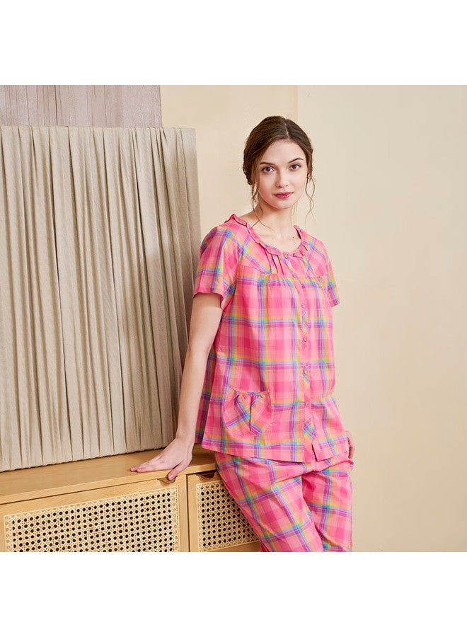Meibiao Spring And Summer Pure Cotton Pajamas For Women, Wearable Outside, Short-sleeve Top With Cropped Pants, 100% Cotton Loungewear, Gift For Girlfriend, Rose Red, M - Image 1