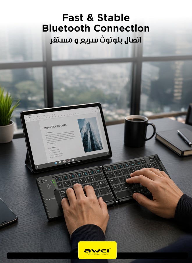 أوي Folding Bluetooth Keyboard for Android, Windows and iOS - 66 Keys Portable & Lightweight Design, Long Battery Life, Compatible with Phones, Tablets and Laptops black - Image 2