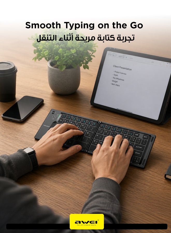 أوي Folding Bluetooth Keyboard for Android, Windows and iOS - 66 Keys Portable & Lightweight Design, Long Battery Life, Compatible with Phones, Tablets and Laptops black - Image 3