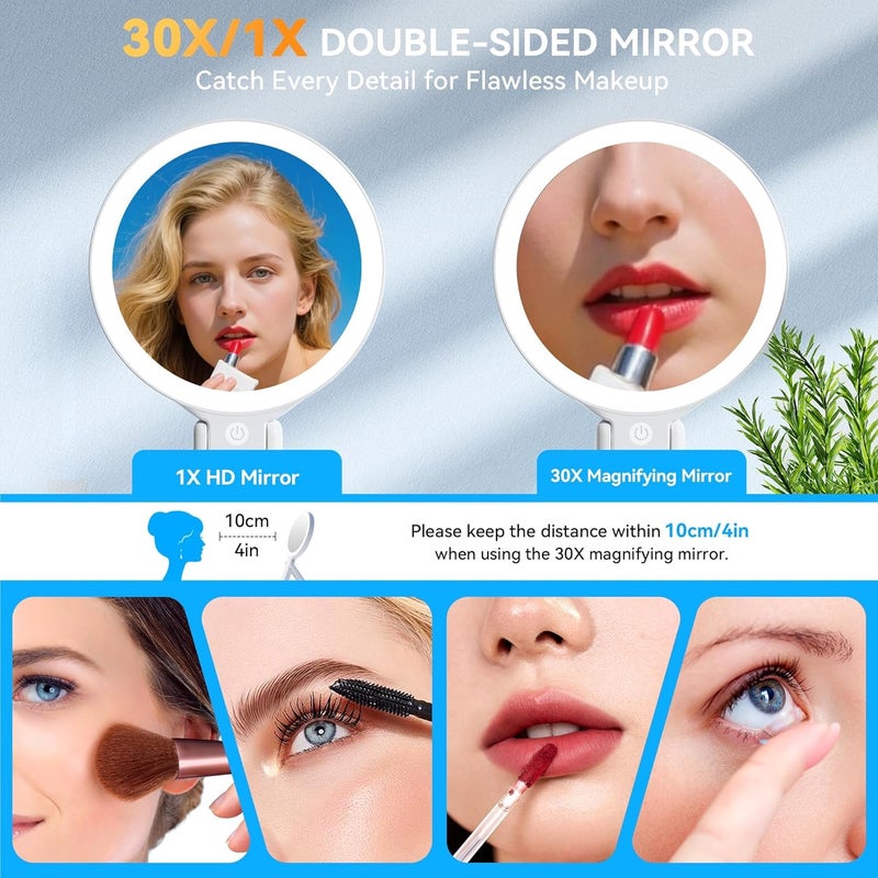 Auxmir 30X/1X Double-Sided Travel Magnifying Mirror with Lights, 3 Color Adjustable LED, Rechargeable, Portable Handheld, Tabletop & Hanging for Beauty & Skincare - Image 3