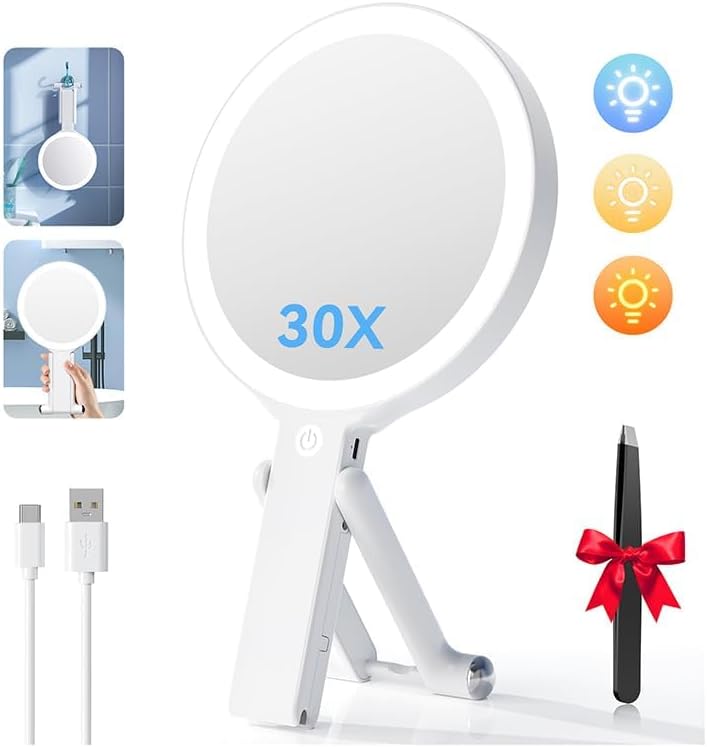 Auxmir 30X/1X Double-Sided Travel Magnifying Mirror with Lights, 3 Color Adjustable LED, Rechargeable, Portable Handheld, Tabletop & Hanging for Beauty & Skincare - Image 1