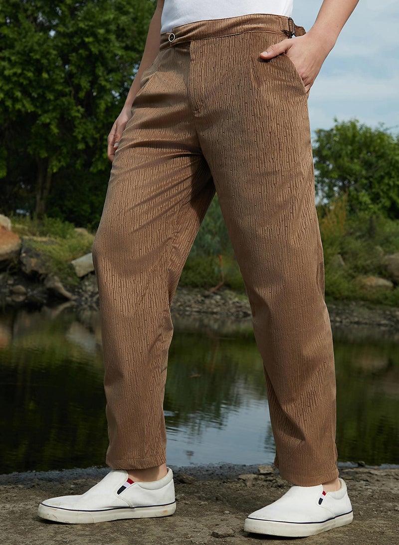 Campus Sutra Men's Chocolate Brown Veined Tailored Trousers  - Image 1