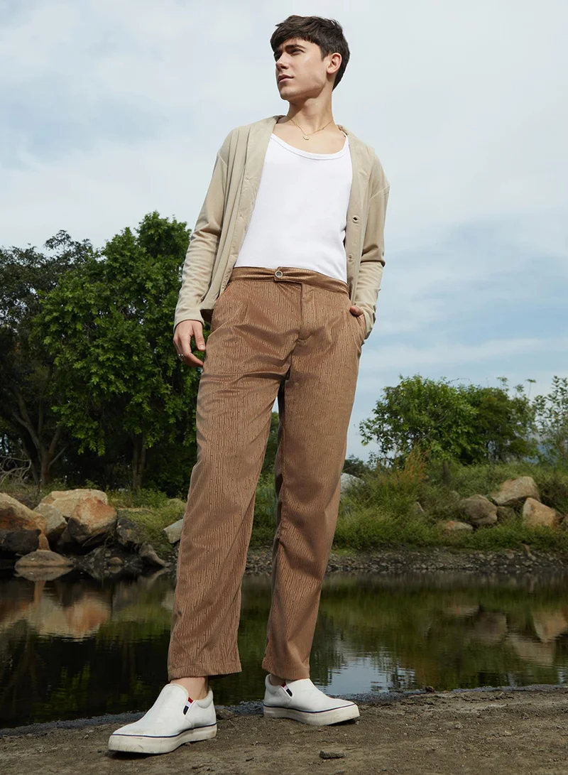 Campus Sutra Men's Chocolate Brown Veined Tailored Trousers