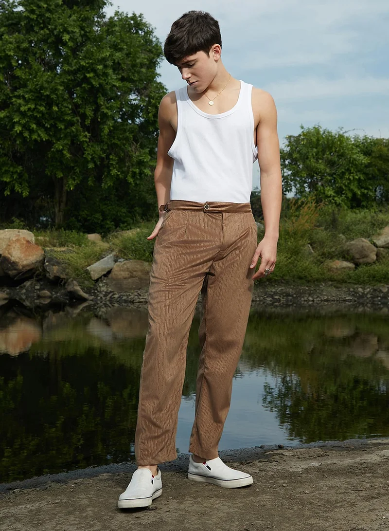 Campus Sutra Men's Chocolate Brown Veined Tailored Trousers