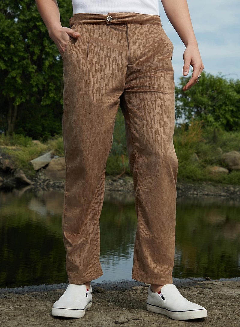 Campus Sutra Men's Chocolate Brown Veined Tailored Trousers  - Image 2