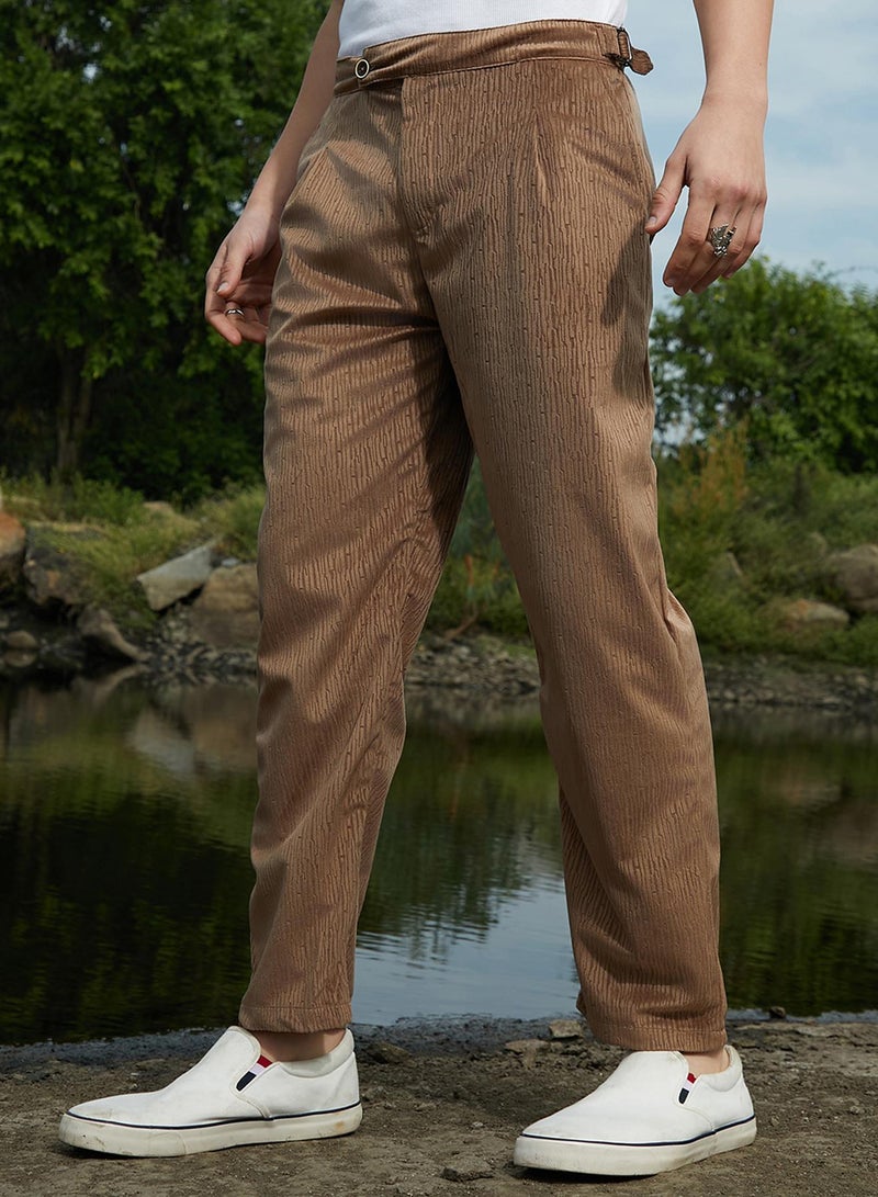 Campus Sutra Men's Chocolate Brown Veined Tailored Trousers  - Image 3