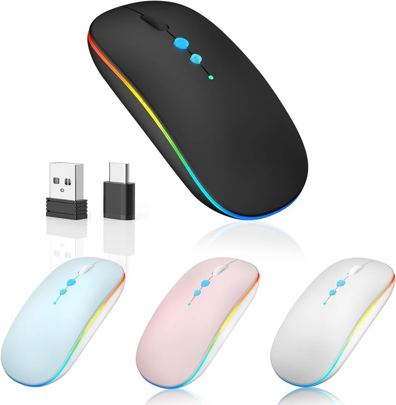 Halpilt LED Wireless Mouse A100S Rechargeable Portable Silent Mouse with Optional USB and Type-C Receiver 3-Speed Adjustable DPI for PC/Mac/Laptop (Frosted Black) - Image 1