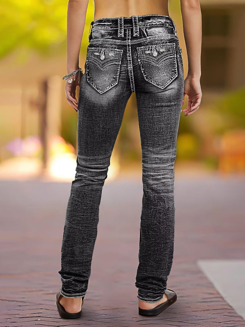 Flamingals Mid Rise Skinny Jeans for Women Trendy Wash Stretchy Butt Lifting Western Jeans with Pocket Back Black M - Image 3