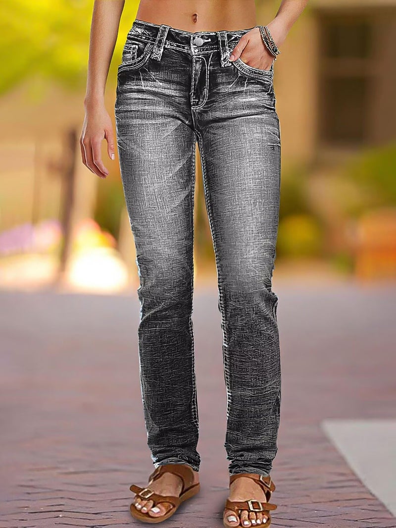 Flamingals Mid Rise Skinny Jeans for Women Trendy Wash Stretchy Butt Lifting Western Jeans with Pocket Back Black M - Image 2