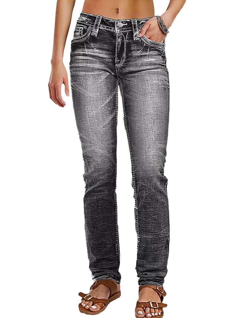 Flamingals Mid Rise Skinny Jeans for Women Trendy Wash Stretchy Butt Lifting Western Jeans with Pocket Back Black M - Image 1