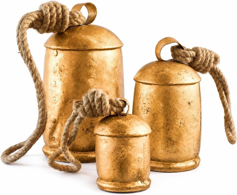 Vintage Rustic Lucky Tin Metal Cow Bells Handmade Set of 3 Giant Harmony Cow Bells Huge Bells On Rope Christmas Décor 3" 4" 5" Bells
