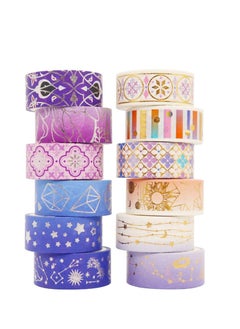 Y&D Poetic Gold Washi Tape Set, Floral Silver Foil Masking Decorative for Arts, DIY Crafts, Journal Supplies, Planners, Scrapbook, Card, Gift Wrapping15mm Purple Night 12 Rolls  - Image 1