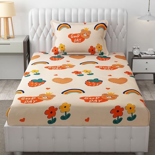 FRESH FROM LOOM Cartoon Wrinkle Free Glace Cotton Bedsheet for Kids Single Bedsheet with 1 Pillow Cover (60x90 Inches/Good Day/Pale Color/Boys Girls Room), Multicolor, 144 TC - Image 1