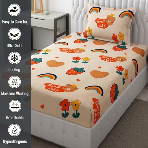 FRESH FROM LOOM Cartoon Wrinkle Free Glace Cotton Bedsheet for Kids Single Bedsheet with 1 Pillow Cover (60x90 Inches/Good Day/Pale Color/Boys Girls Room), Multicolor, 144 TC - Image 4