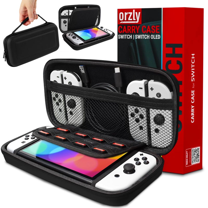 Orzly Carry Case Compatible with Nintendo Switch and New Switch OLED Console - Black Protective Hard Portable Travel Carry Case Shell Pouch with Pockets for Accessories and Games - Image 1