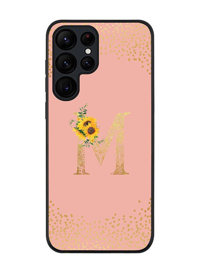 Rugged Black edge case for Samsung Galaxy S23 Ultra 5G Slim fit Soft Case Flexible Rubber Edges Anti Drop TPU Gel Thin Cover - Custom Monogram Initial Letter Floral Pattern Alphabet - M (Rose Pink )