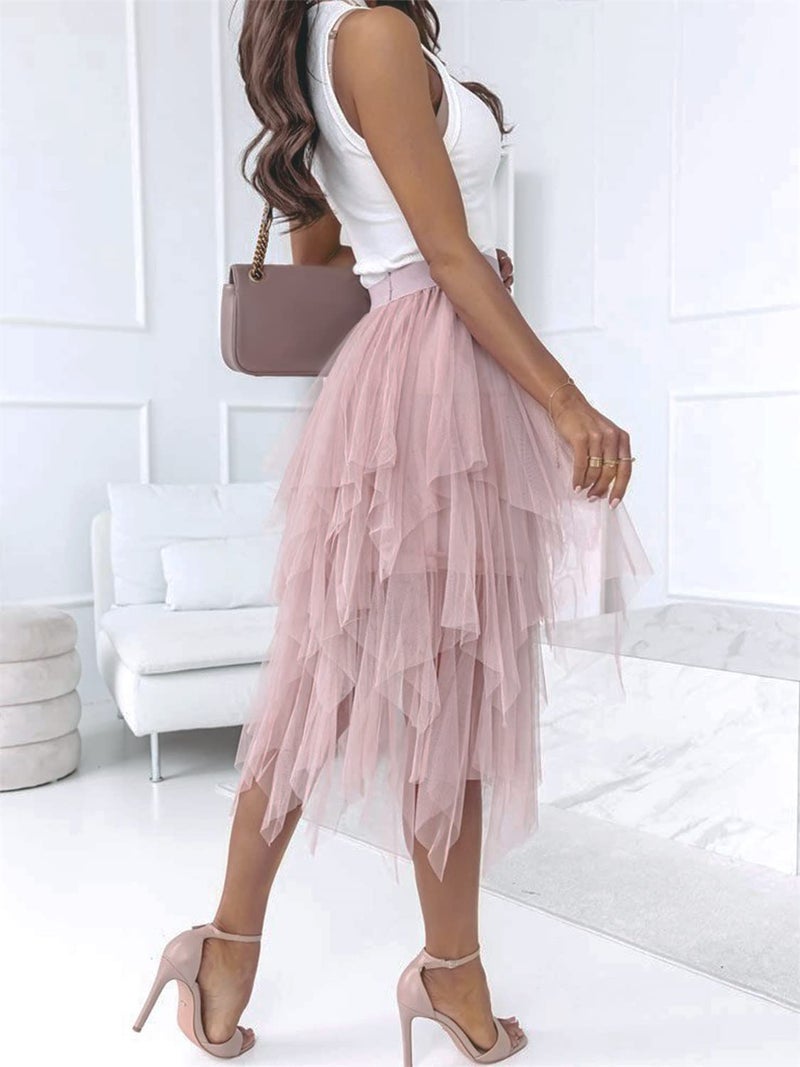 Reaowazo Tulle Skirts for Women Midi Long Fairy Skirt Tutu A-Line Mesh Layered High Elastic Waist Halloween Skirts Pink One Size - Image 3