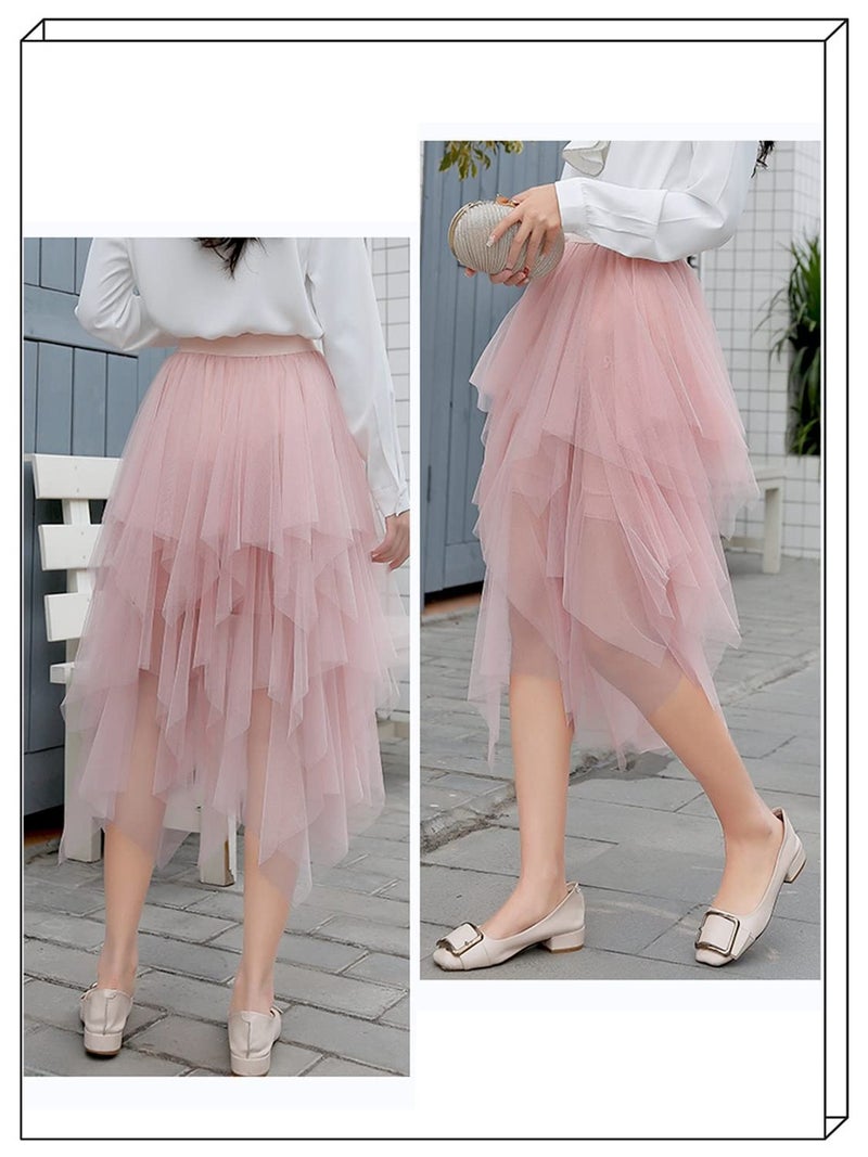 Reaowazo Tulle Skirts for Women Midi Long Fairy Skirt Tutu A-Line Mesh Layered High Elastic Waist Halloween Skirts Pink One Size - Image 4