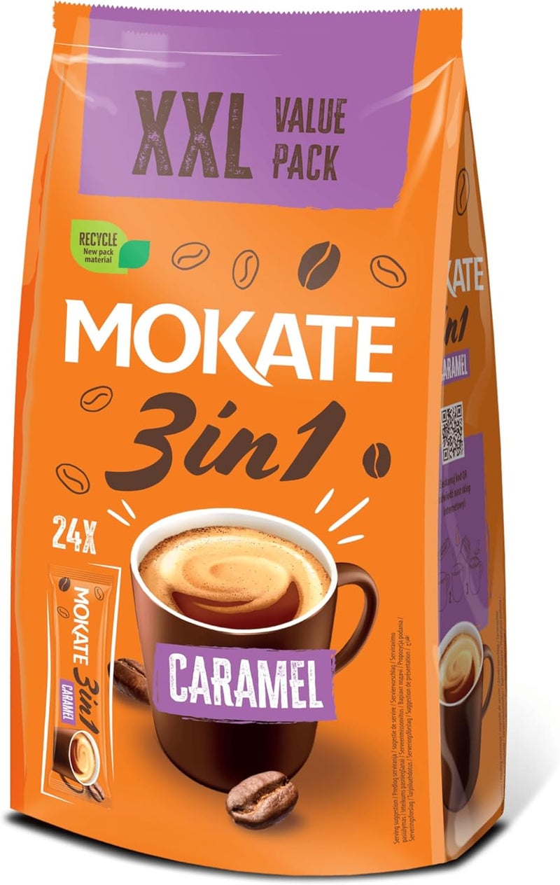 MOKATE مزيج قهوة موكات 3 في 1 بنكهة الكراميل - 24 كيس (17 جرام لكل كيس) - Image 1
