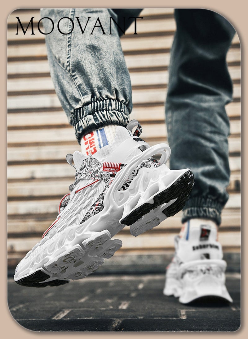 Moovant Sneakers for Men, Comfortable Breathable Sports Shoes, Fashion Fly-weave Trend Casual Running Shoes, Airbag Cushioned, Non-slip Wear-resistant, Lacing, White  - Image 2
