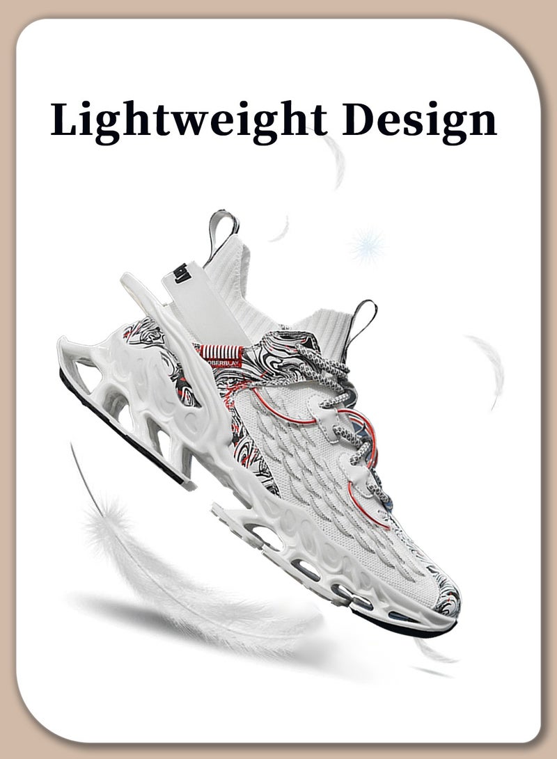 Moovant Sneakers for Men, Comfortable Breathable Sports Shoes, Fashion Fly-weave Trend Casual Running Shoes, Airbag Cushioned, Non-slip Wear-resistant, Lacing, White  - Image 5