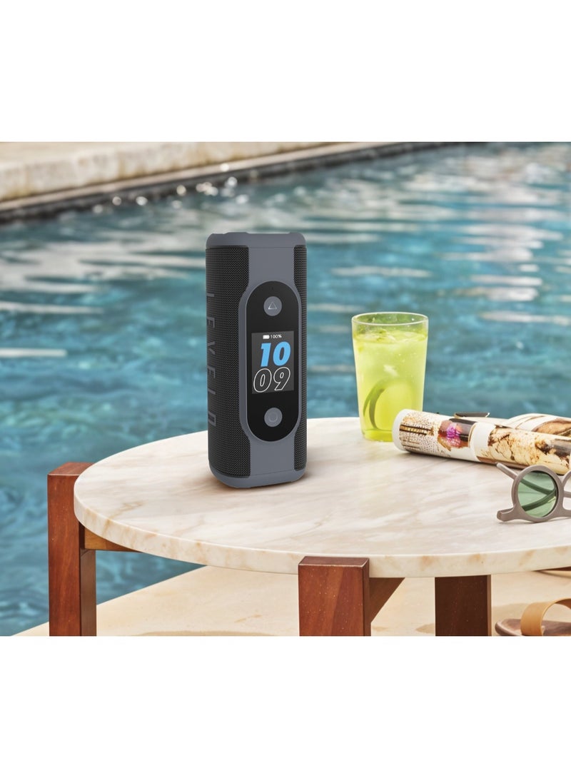 ليفيلو مكبر صوت باسوبيات محمول مع شاشة TFT ووقت تشغيل 8 ساعات، صوت استيريو TWS، 5 أوضاع إضاءة LED، مقاوم للماء والغبار، إعداد صوت EQ قابل للتخصيص، بطارية قابلة لإعادة الشحن بسعة 8000 مللي أمبير، 15 لغة مدعومة، منبه، ساعة وتاريخ - أسود - Image 2