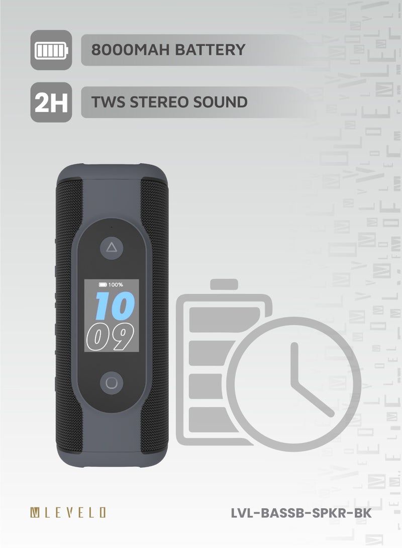 ليفيلو مكبر صوت باسوبيات محمول مع شاشة TFT ووقت تشغيل 8 ساعات، صوت استيريو TWS، 5 أوضاع إضاءة LED، مقاوم للماء والغبار، إعداد صوت EQ قابل للتخصيص، بطارية قابلة لإعادة الشحن بسعة 8000 مللي أمبير، 15 لغة مدعومة، منبه، ساعة وتاريخ - أسود - Image 5